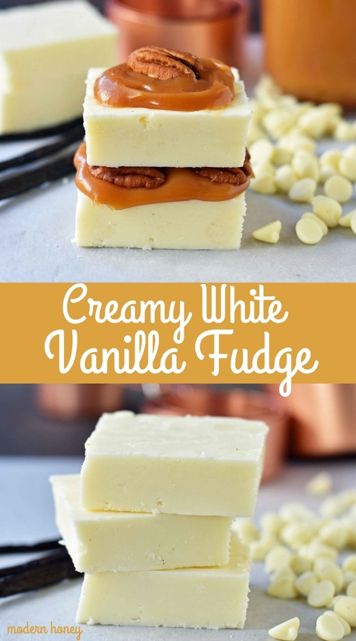 Creamy White Vanilla Fudge. Secrets, tips, and tricks for making perfect white vanilla white chocolate fudge every single time. Two secret ingredients that make this creamy white vanilla fudge the BEST fudge ever. www.modernhoney.com