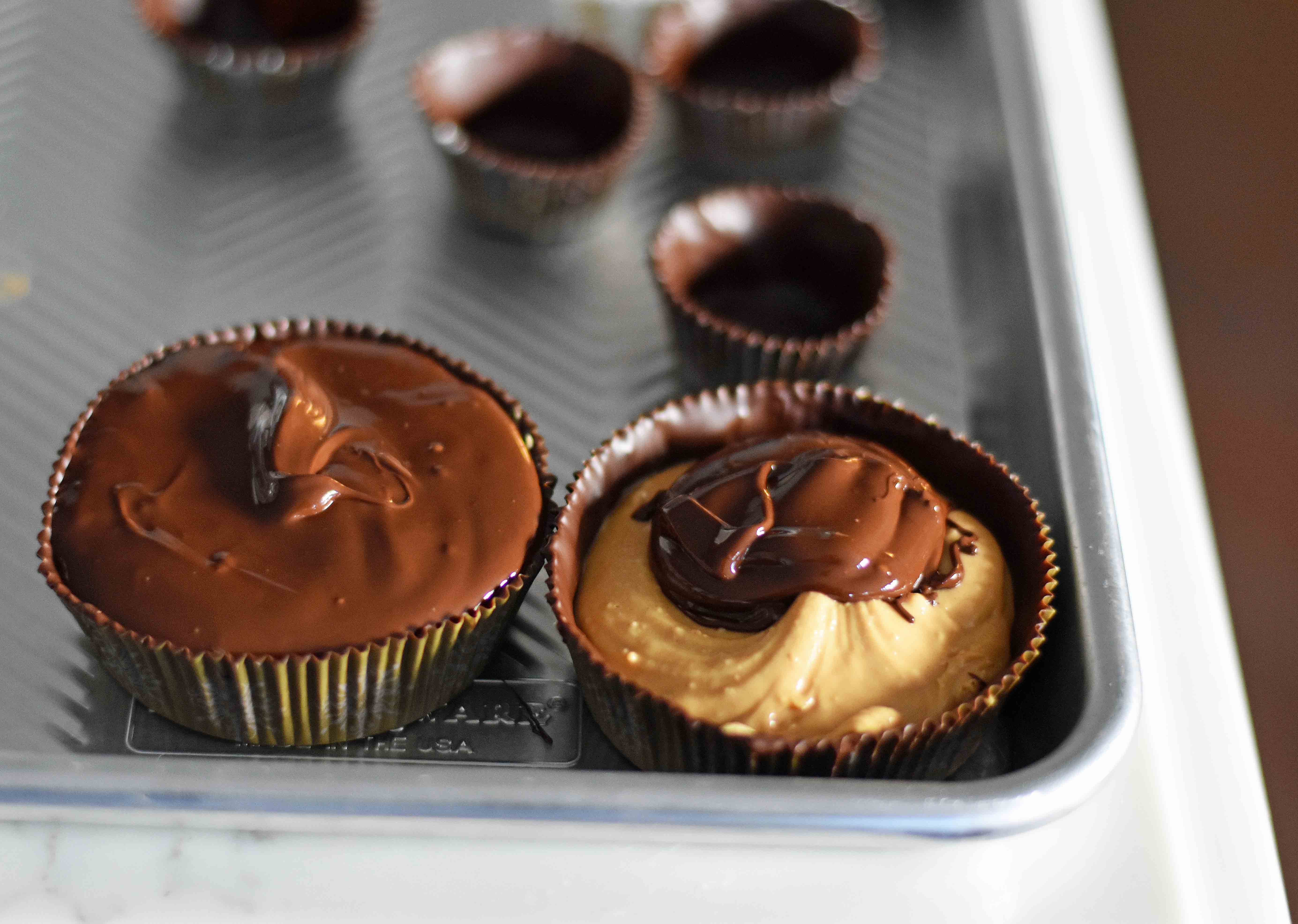 Homemade Chocolate Peanut Butter Cups. How to make copycat Reese's chocolate chip peanut butter cups and copycat Trader Joe's peanut butter cups. The best homemade chocolate peanut butter cups recipe. www.modernhoney.com