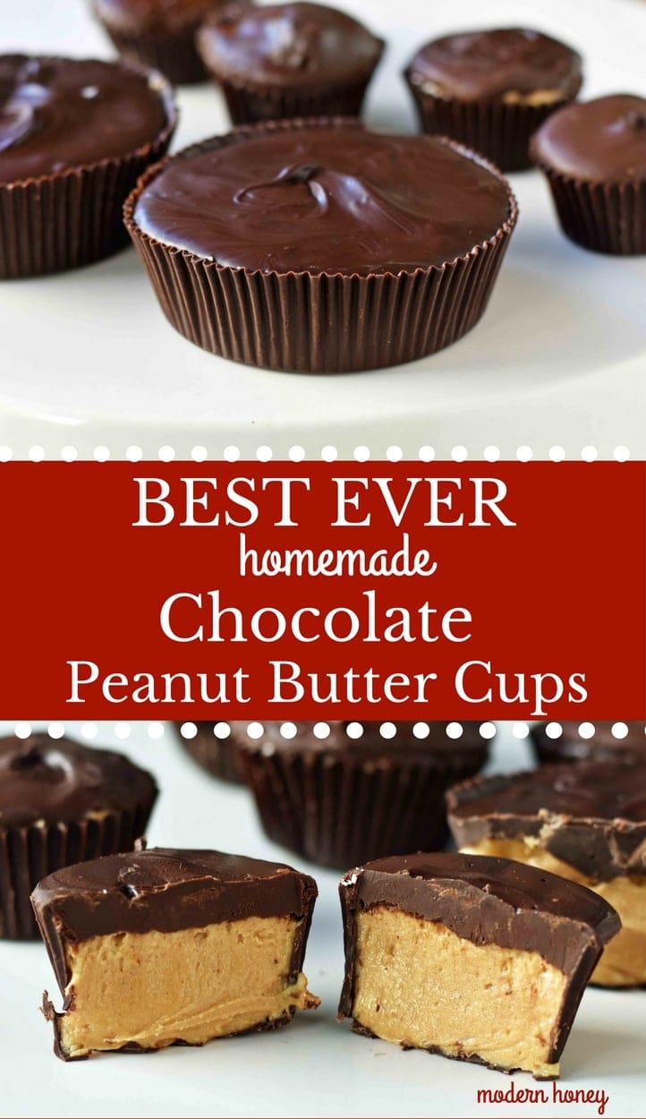 Homemade Chocolate Peanut Butter Cups. How to make copycat Reese's chocolate chip peanut butter cups and copycat Trader Joe's peanut butter cups. The best homemade chocolate peanut butter cups recipe. www.modernhoney.com