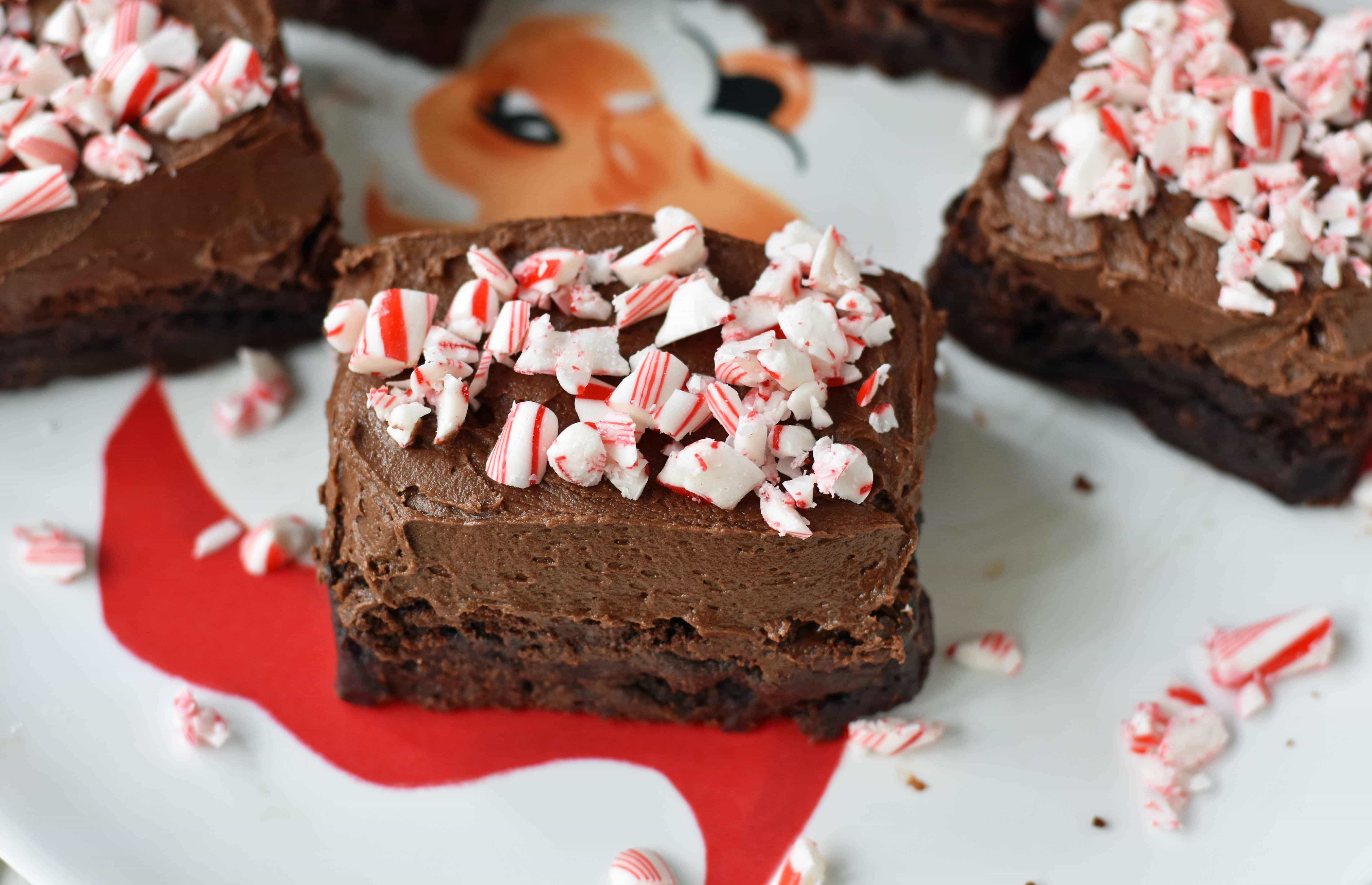 Peppermint Frosted Chocolate Brownies. Rich decadent chewy chocolate brownies topped with homemade silky smooth chocolate frosting and topped with candy canes. A chocolate frosted brownie with candy canes. www.modernhoney.com