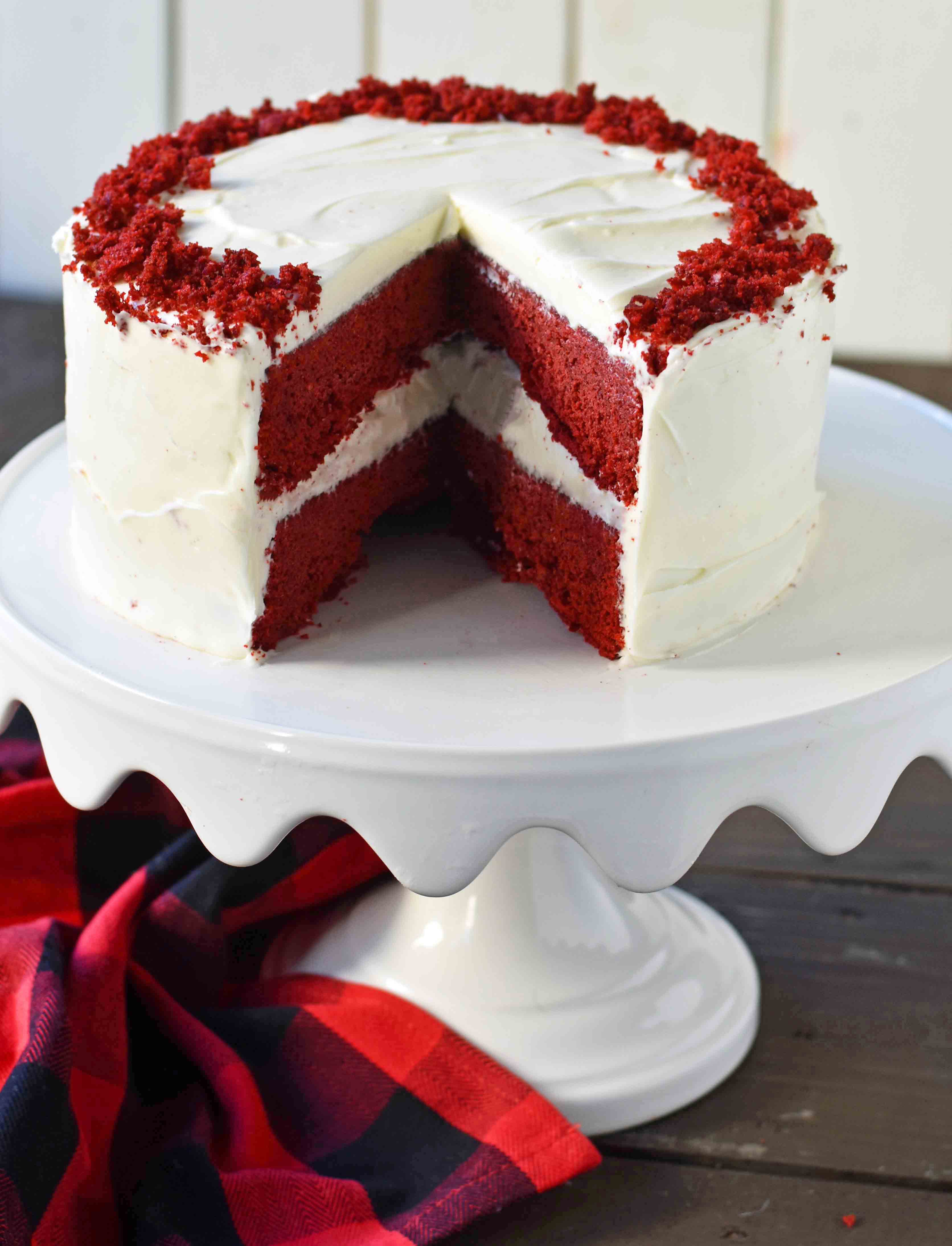Red Velvet Cake. The best red velvet cake recipe ever. Moist and tender red velvet cake with sweet cream cheese frosting. The perfect red velvet cake recipe. www.modernhoney.com
