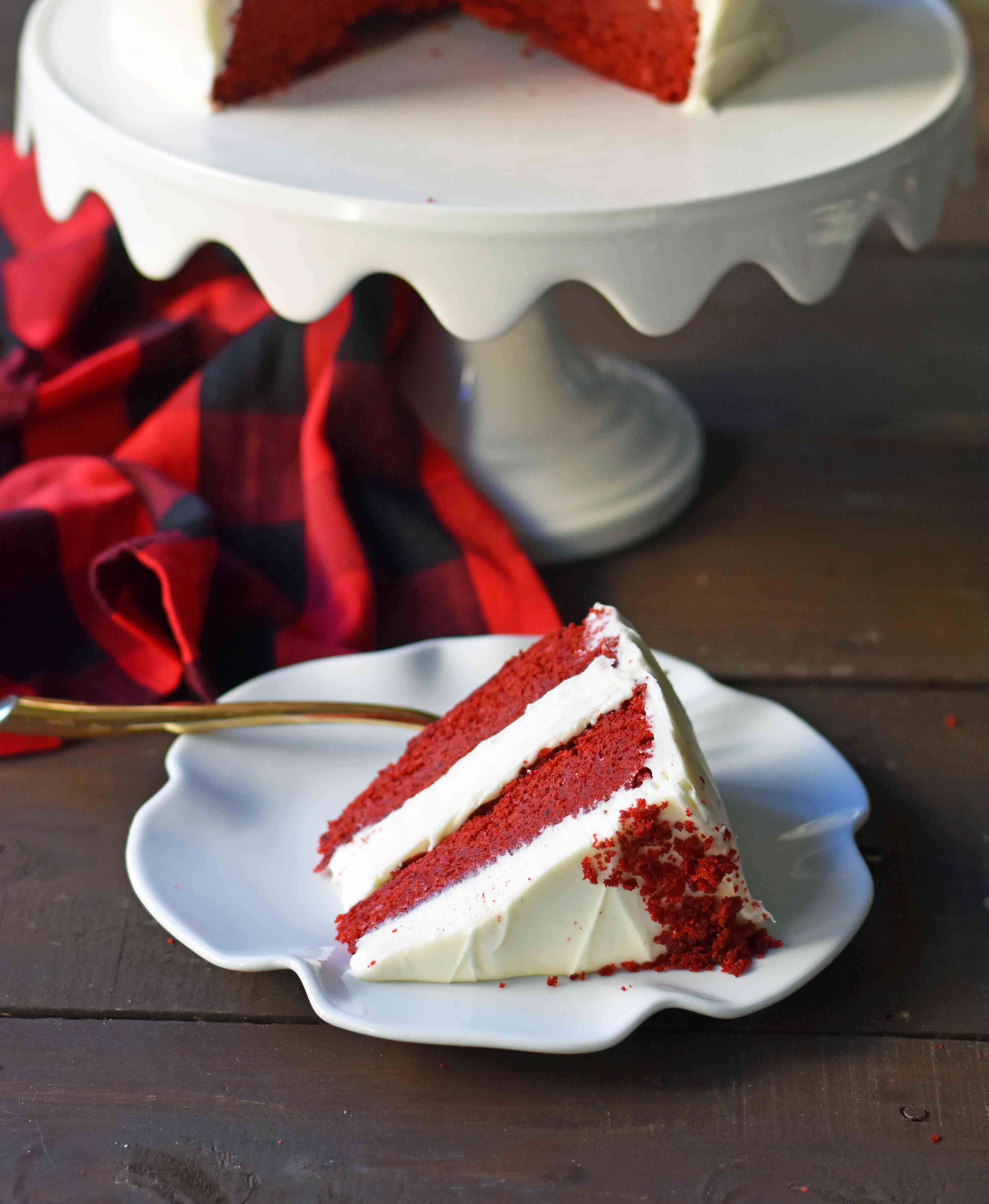 Red Velvet Cake. The best red velvet cake recipe ever. Moist and tender red velvet cake with sweet cream cheese frosting. The perfect red velvet cake recipe. www.modernhoney.com