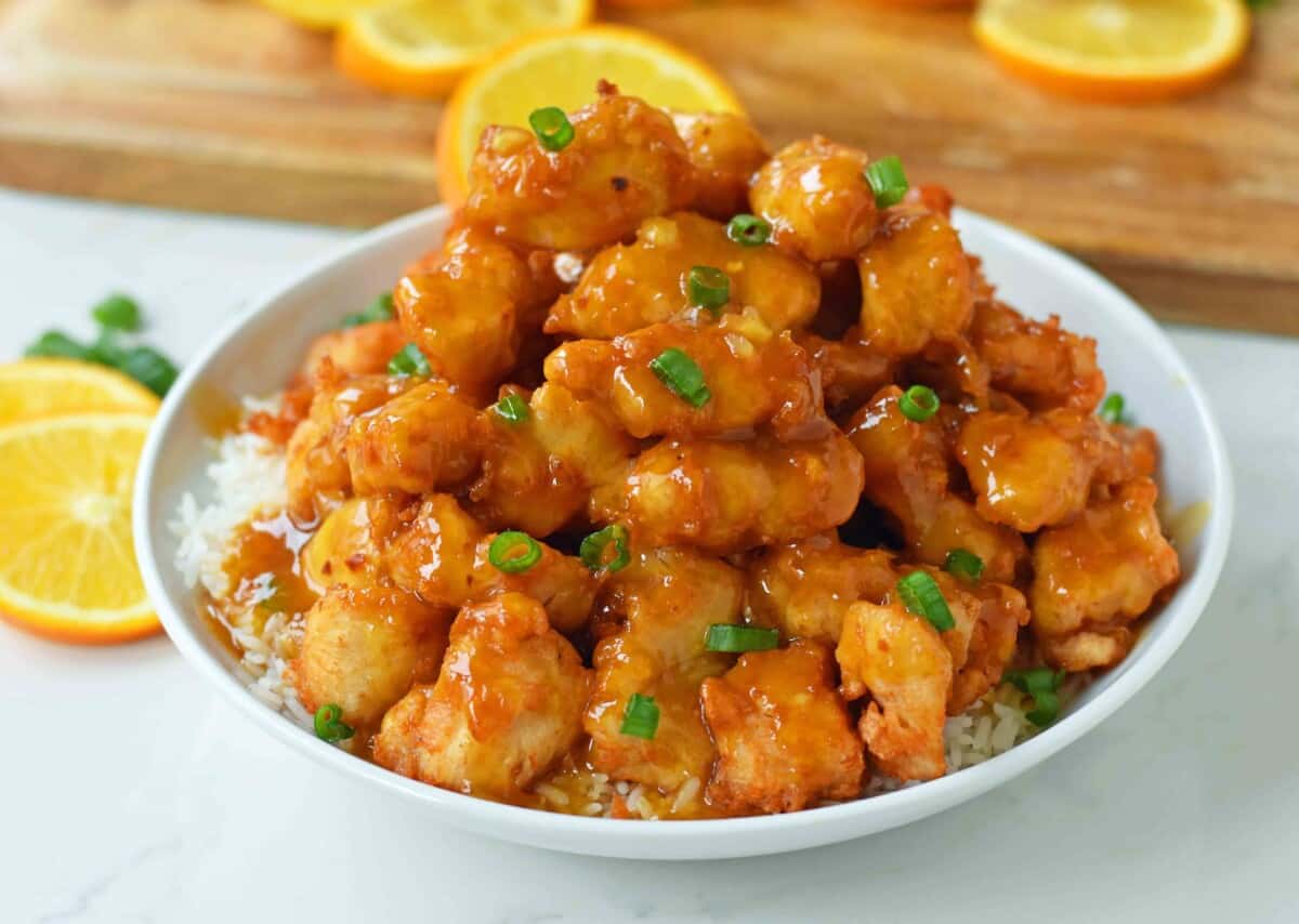 Chinese Orange Chicken on a white plate.