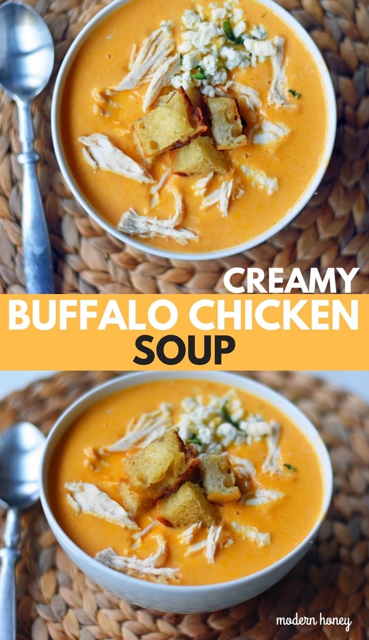 Creamy Buffalo Chicken Soup. All of the flavor of chicken wings in one soup. A tangy, creamy, and spicy buffalo chicken soup. www.modernhoney.com