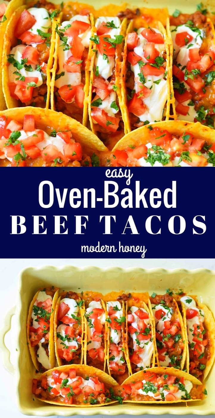 Easy Oven Baked Beef Tacos. Perfectly seasoned ground beef tacos and Mexican cheese baked in taco shells until melted. Topped with sour cream, guacamole, salsa, diced tomatoes, and hot sauce. These are party tacos and a family favorite dinner. www.modernhoney.com