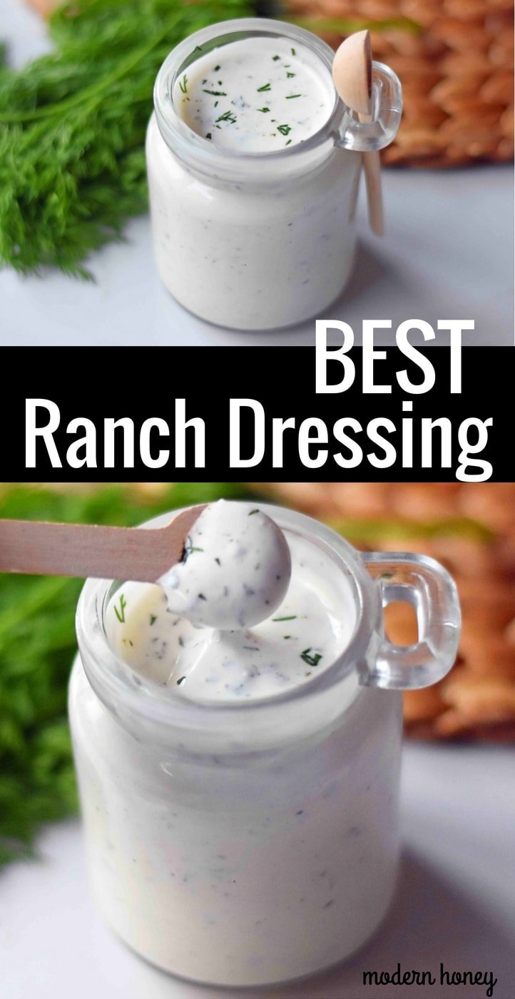 Homemade Ranch Dressing made with fresh herbs is way better than what you find in the store. A combination of mayonnaise, buttermilk, and sour cream with all kinds of herbs and spices makes this the perfect ranch dressing recipe. www.modernhoney.com