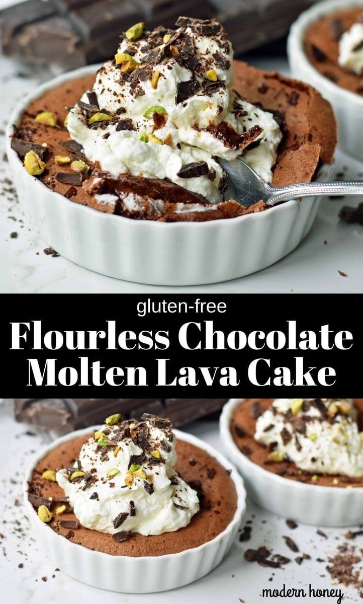 Flourless Chocolate Molten Lava Cake. Naturally gluten-free chocolate cake made with butter, chocolate, eggs, and sugar. A simple chocolate molten cake with fresh whipped cream or vanilla ice cream. How to make chocolate lava cakes. How to make molten lava chocolate cake at home. Easy chocolate molten lava cakes baked in a ramekin. The best chocolate molten lava cake recipe. www.modernhoney.com