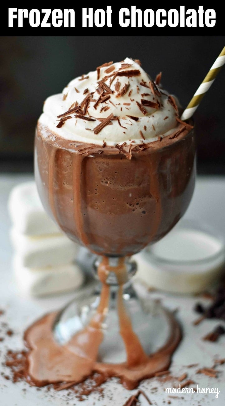 Frozen Hot Chocolate is a famous New York City dessert found at Serendipity. It is a rich chocolate drink served cold with whipped cream and chocolate shavings. How to make perfect frozen hot chocolate at home. www.modernhoney.com