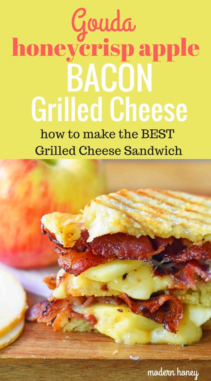 A gourmet grilled cheese sandwich made with smoked gouda cheese, sweet crisp Honeycrisp apple slices, and crispy bacon all on sourdough bread. How to make the perfect grilled cheese sandwich. Tips on how to make the best grilled cheese. www.modernhoney.com