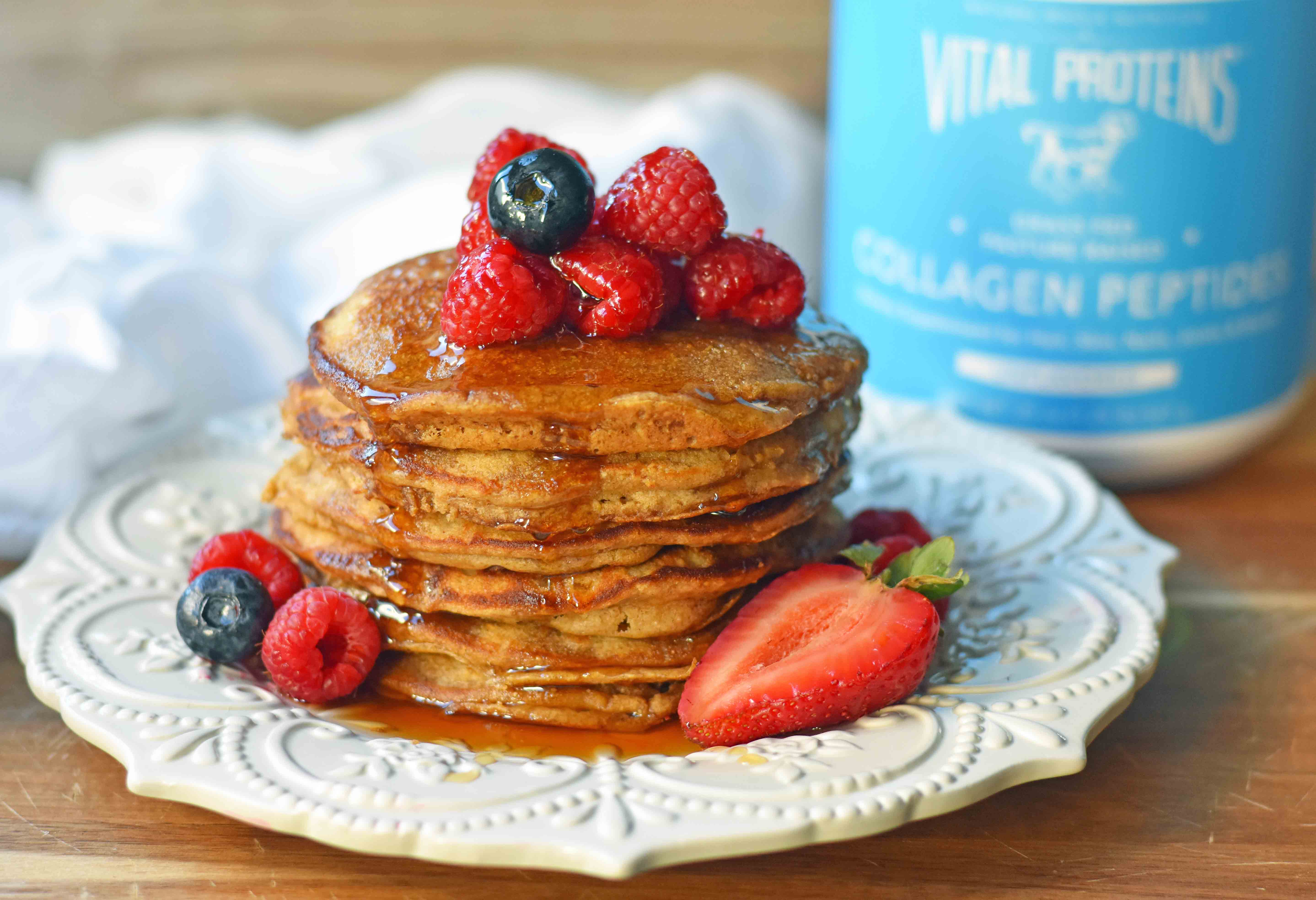 Protein Pancakes Recipe. How to make healthy protein pancakes with collagen. Protein banana pancakes are gluten-free and dairy-free. Gluten-free protein pancakes are so delicious and healthy! www.modernhoney.com