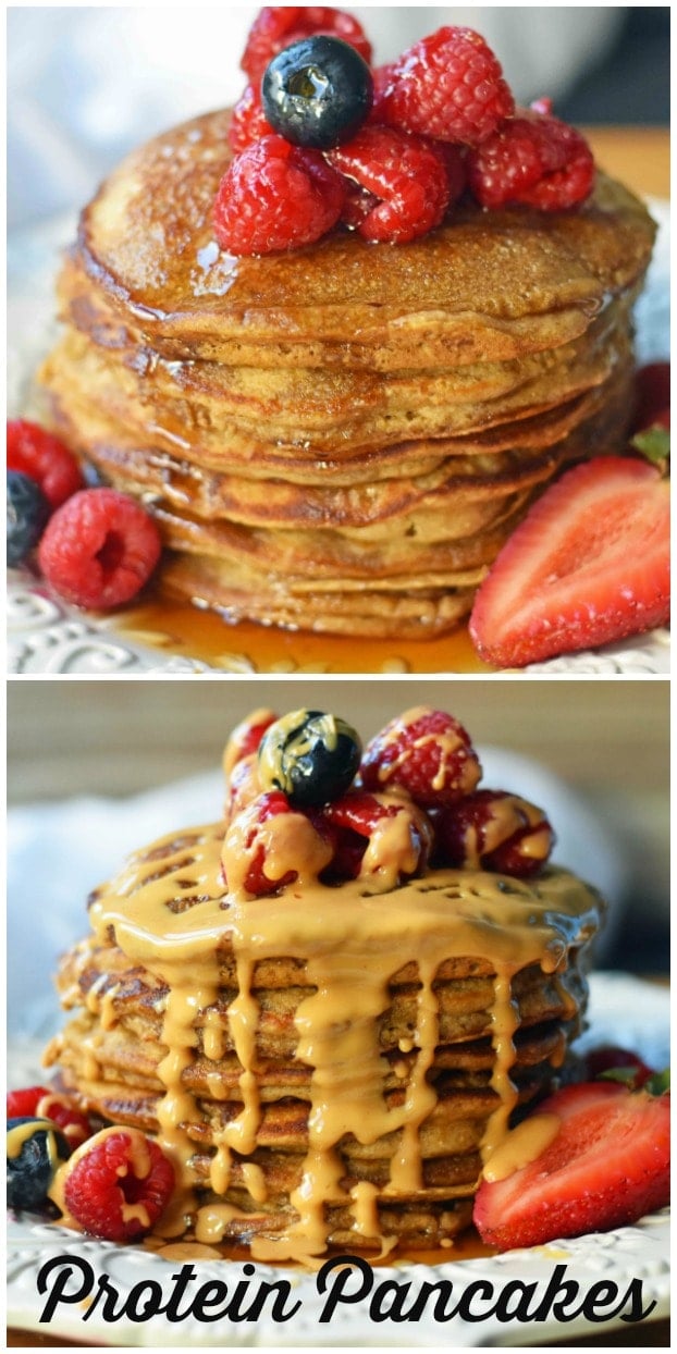 Protein Pancakes Recipe. How to make healthy protein pancakes with collagen. Protein banana pancakes are gluten-free and dairy-free. Gluten-free protein pancakes are so delicious and healthy! www.modernhoney.com