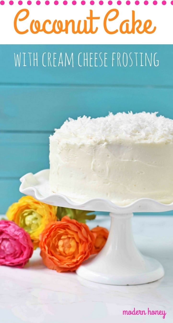 The Best Coconut Cake Recipe. Moist coconut cake with sweet cream cheese frosting. The perfect Southern Coconut Cake Recipe. www.modernhoney.com