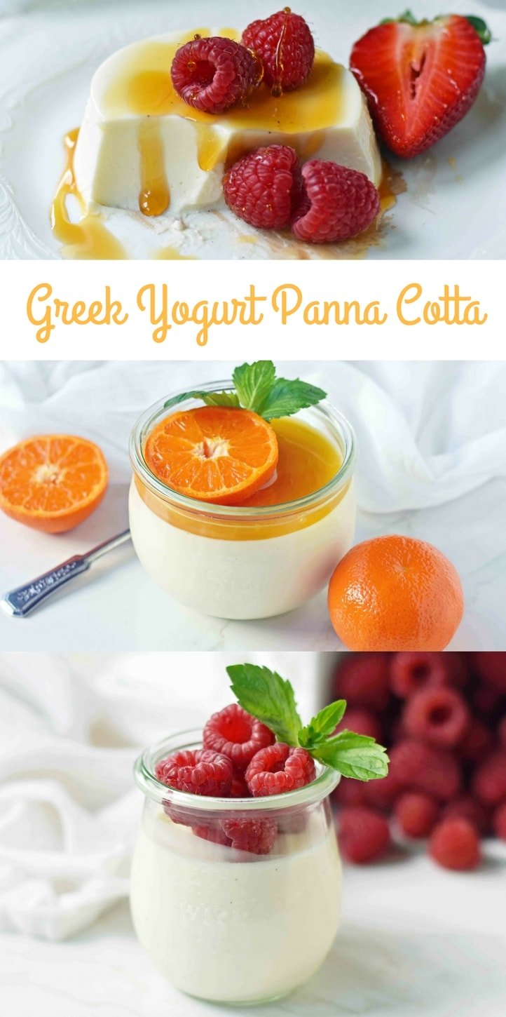 Greek Yogurt Panna Cotta. An easy panna cotta recipe made with greek yogurt, cream, sugar, honey, gelatin and vanilla bean. A silky smooth, creamy dessert that can be topped with fresh fruits, honey, caramel, berry compote or sauce, or anything you can dream up. The perfect panna cotta recipe. www.modernhoney.com