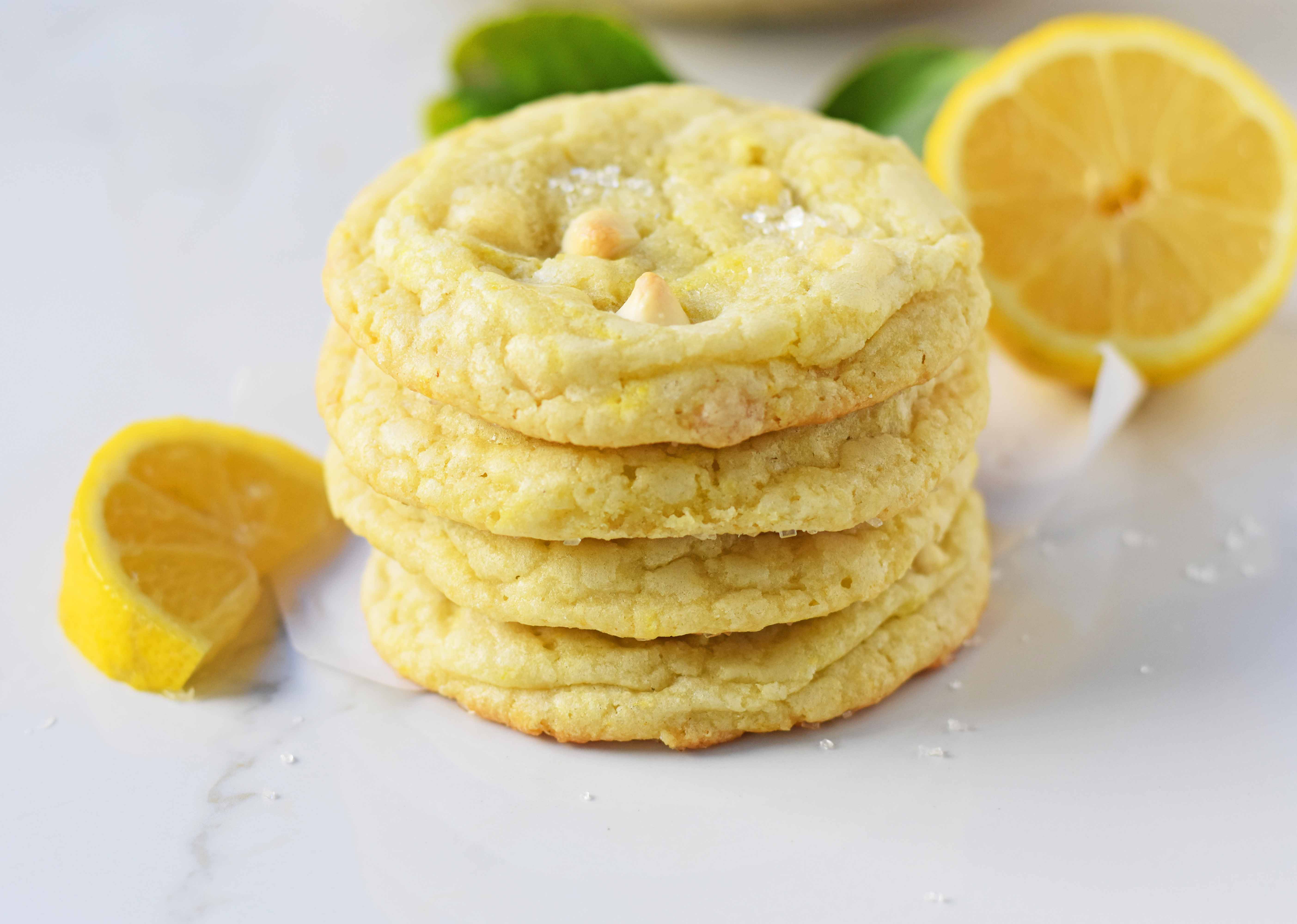 Lemon White Chocolate Chip Cookies. Soft and chewy lemon sugar cookies with white chocolate chips. White Chocolate Lemon Cookies Recipe. www.modernhoney.com