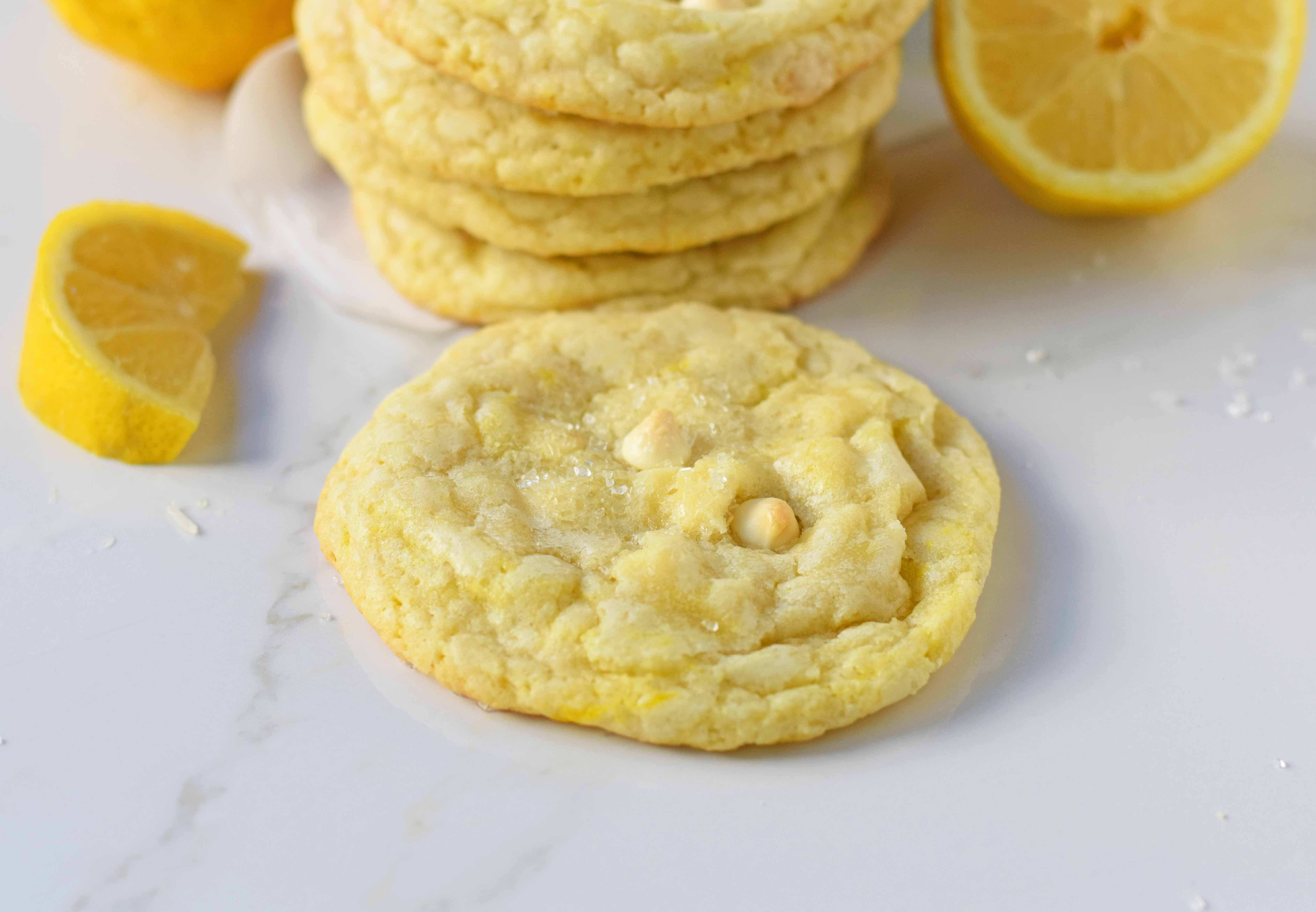 Lemon White Chocolate Chip Cookies. Soft and chewy lemon sugar cookies with white chocolate chips. White Chocolate Lemon Cookies Recipe. www.modernhoney.com