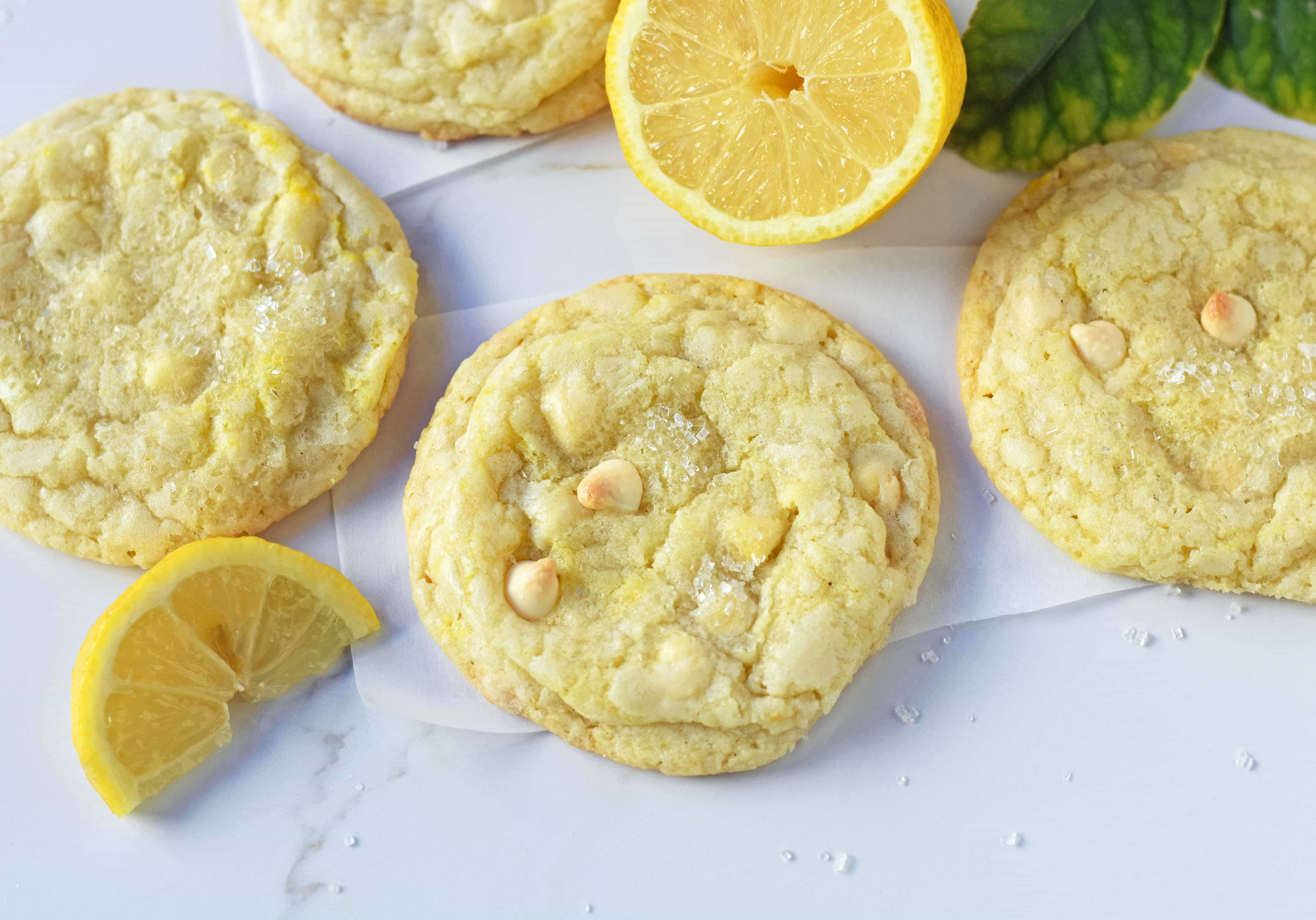 Lemon White Chocolate Chip Cookies. Soft and chewy lemon sugar cookies with white chocolate chips. White Chocolate Lemon Cookies Recipe. www.modernhoney.com