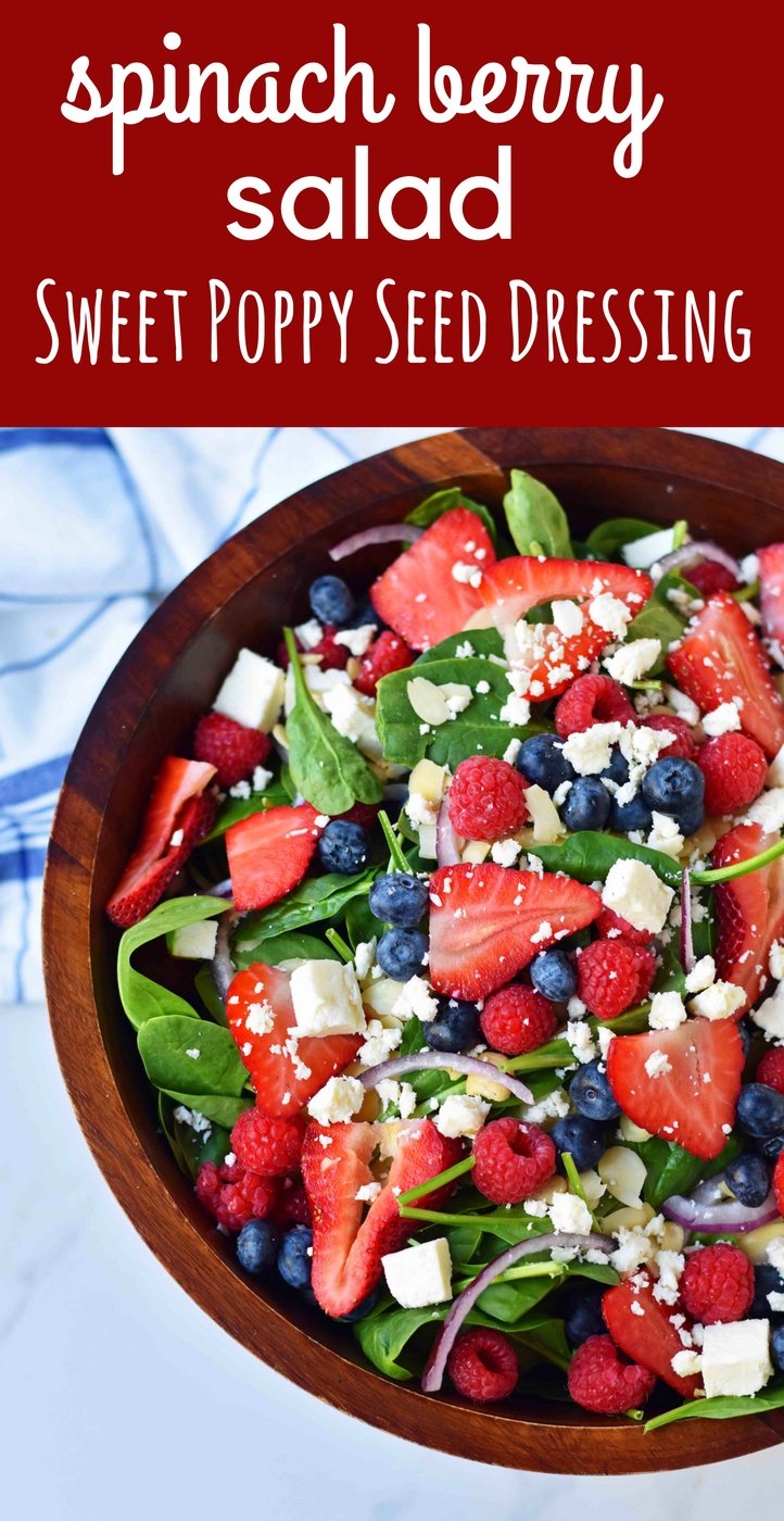 Spinach Berry Salad with Sweet Poppyseed Dressing. Fresh Spinach Salad with Berries, Feta Cheese, and Poppy Seed Dressing. www.modernhoney.com