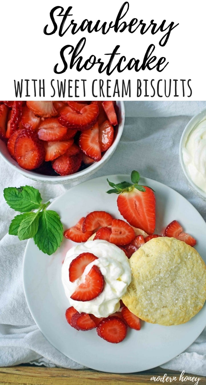 Strawberry Shortcake with Sweet Biscuits, Sugared Strawberries, and Homemade Sweetened Whipped Cream. The BEST Strawberry Shortcake Recipe. A Southern classic Strawberry Shortcake with biscuits. www.modernhoney.com