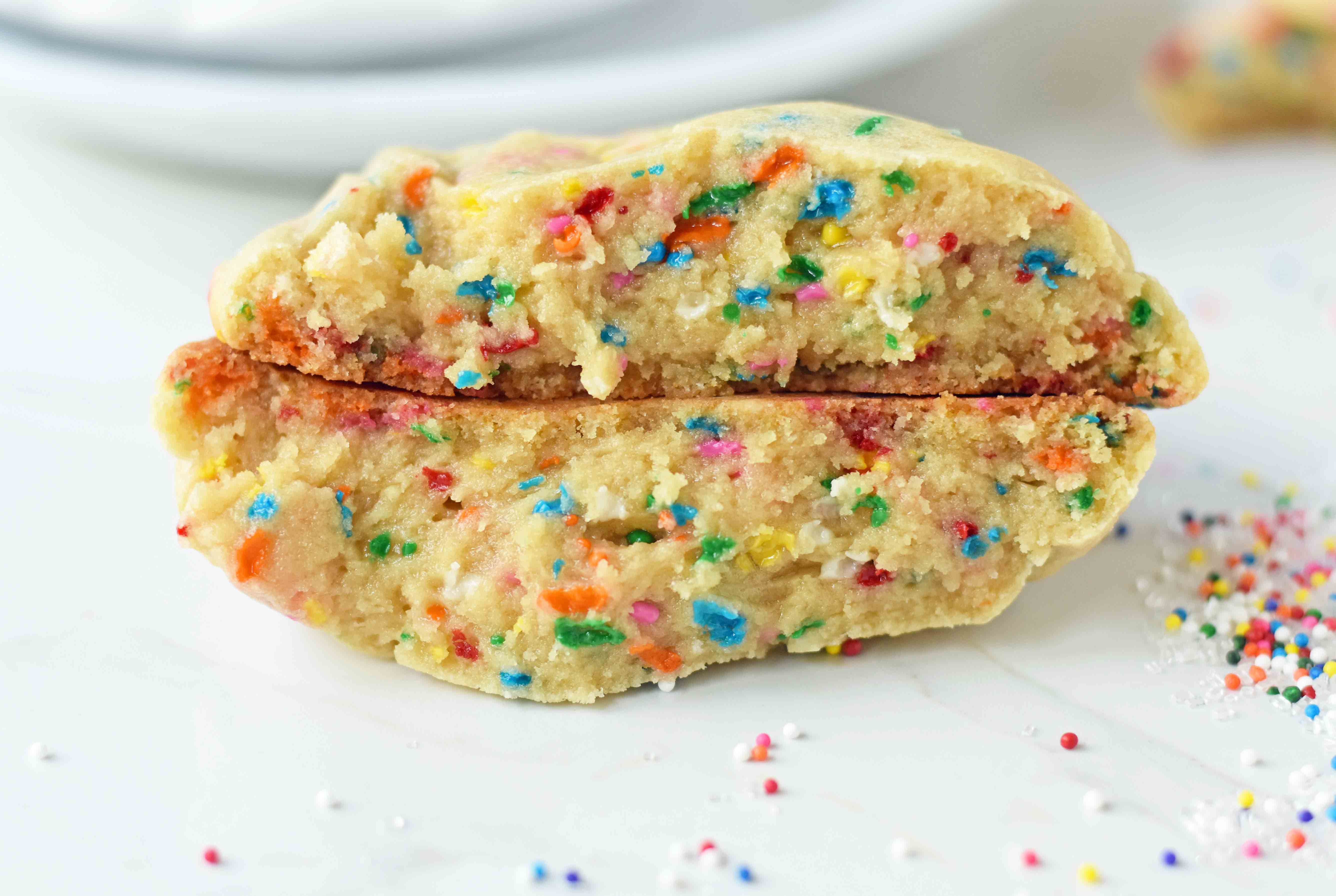 Funfetti Cookies are soft chewy vanilla sugar cookies with rainbow sprinkles. Sprinkles cookies are perfect for birthday parties, graduation, or any celebration. The perfect funfetti cookie made from scratch. www.modernhoney.com