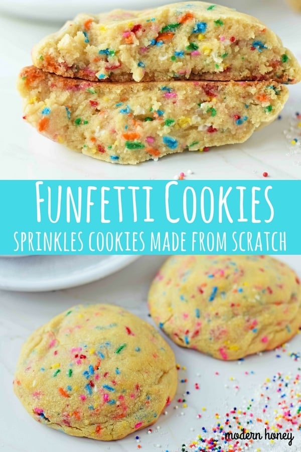 Funfetti Cookies are soft chewy vanilla sugar cookies with rainbow sprinkles. Sprinkles cookies are perfect for birthday parties, graduation, or any celebration. The perfect funfetti cookie made from scratch. www.modernhoney.com