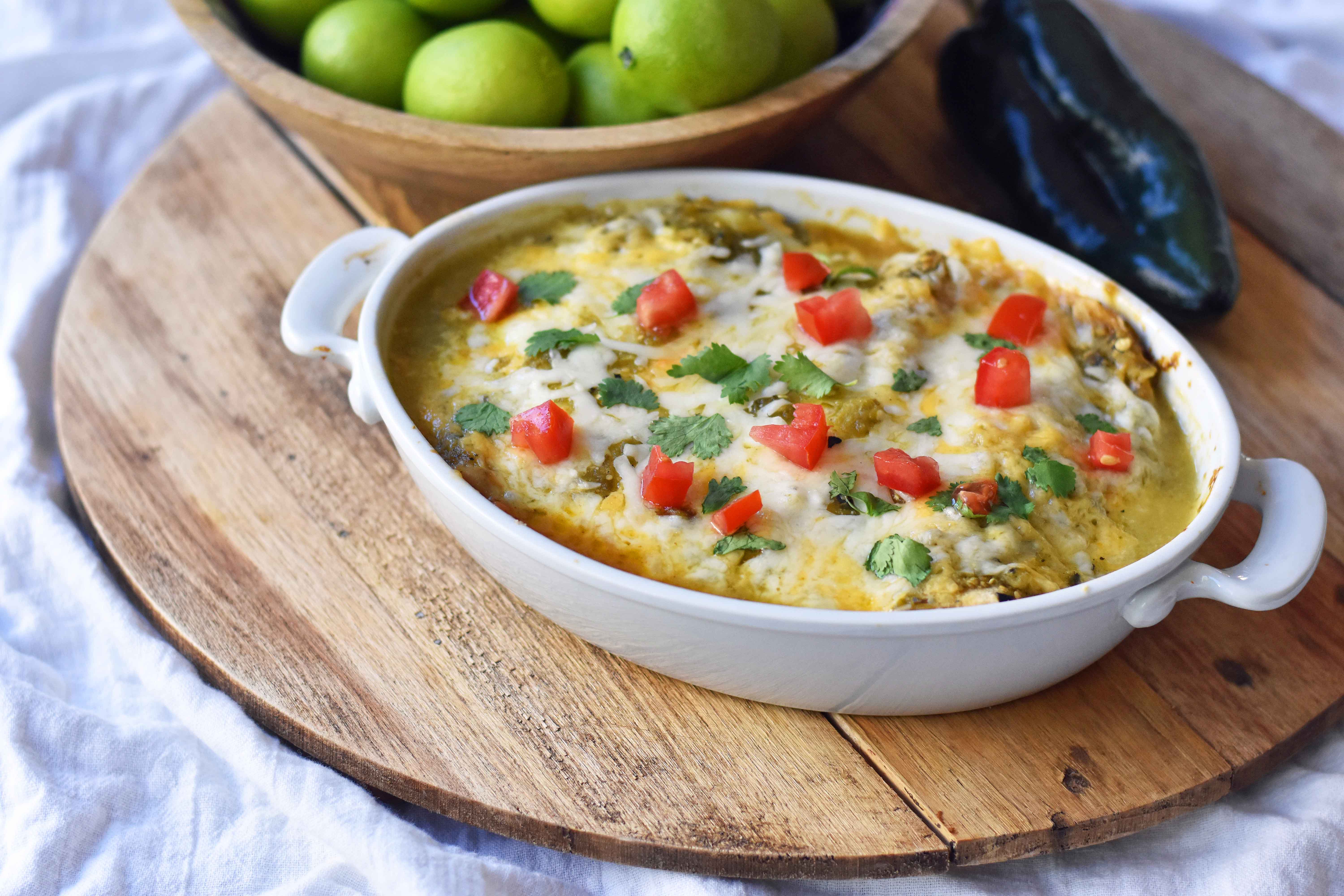 Sweet Potato Poblano Enchiladas. Vegetarian enchiladas with black beans, sweet potato, and poblano peppers topped with salsa verde and Mexican cheeses. A healthy comfort meal. www.modernhoney.com