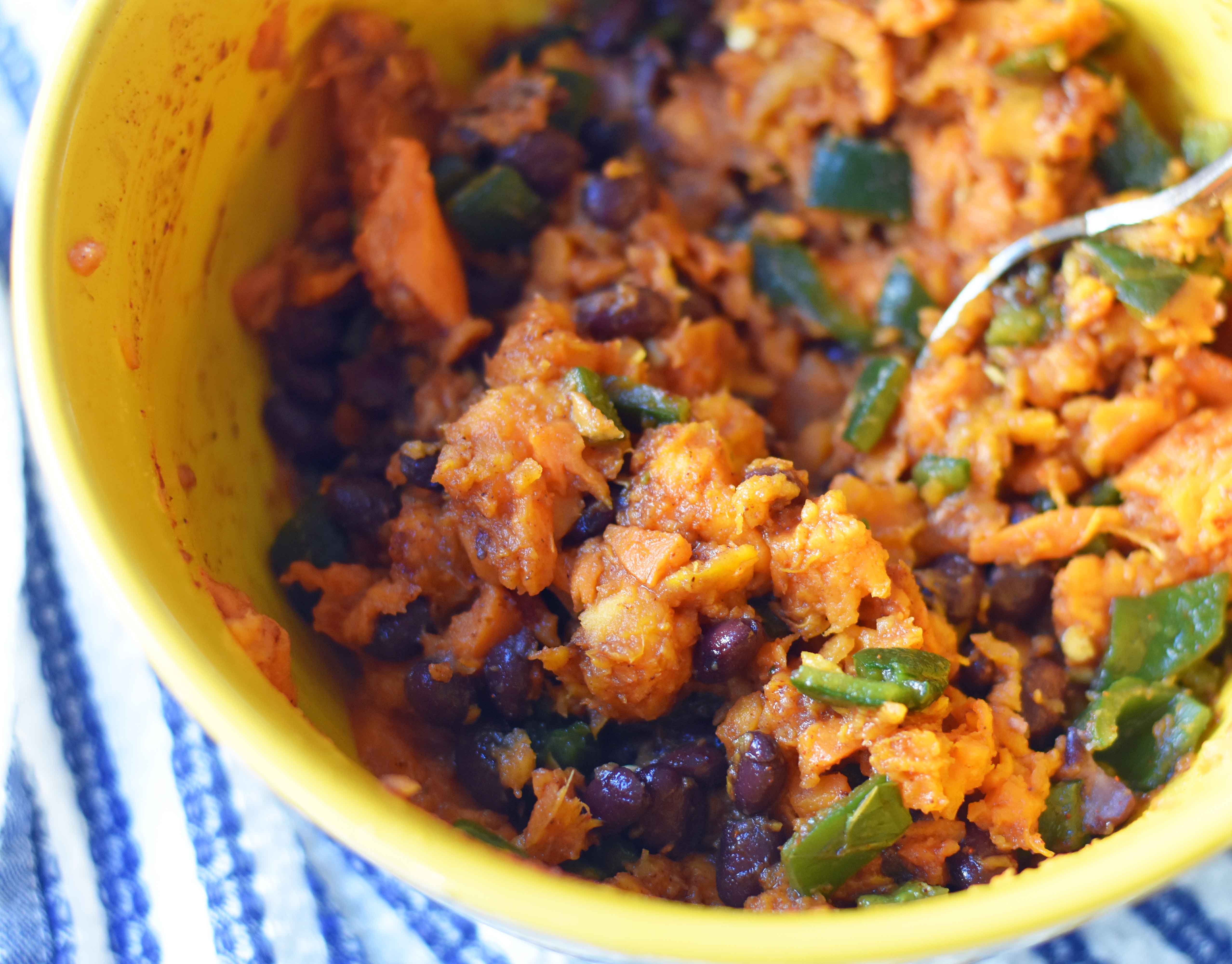 Sweet Potato Poblano Enchiladas. Vegetarian enchiladas with black beans, sweet potato, and poblano peppers topped with salsa verde and Mexican cheeses. A healthy comfort meal. www.modernhoney.com