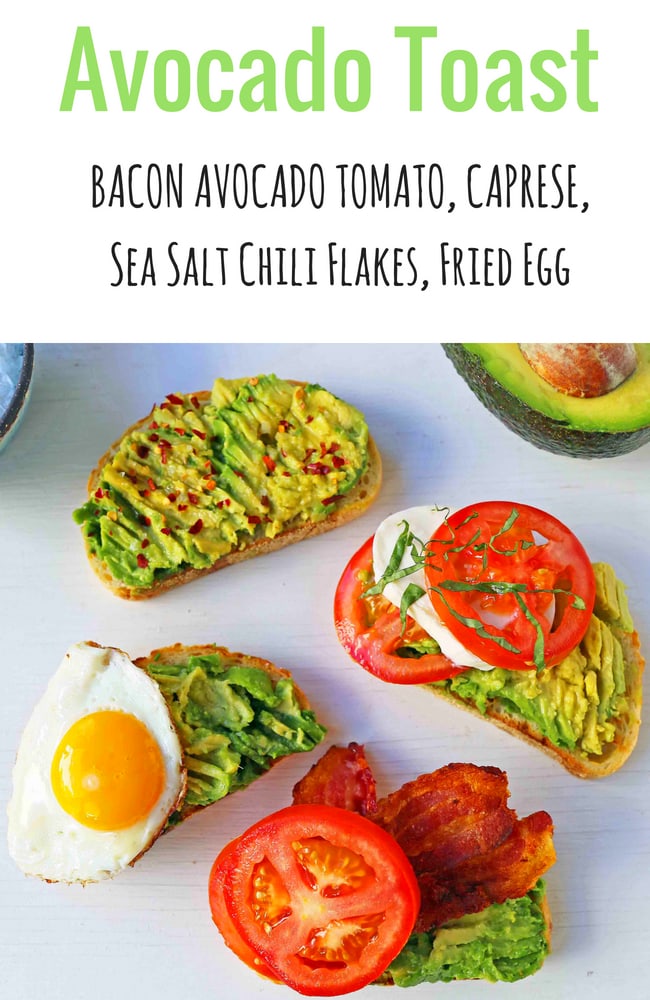 Avocado Toast -- 4 Ways. How to make perfect avocado toast. Caprese Avocado Toast, BAT Bacon Avocado Tomato Avocado Toast, Fried Egg Avocado Toast, Avocado Toast with Sea Salt and Chili Flakes. Tips and tricks for making the best avocado toast. www.modernhoney.com #avocadotoast #avocados #avocado
