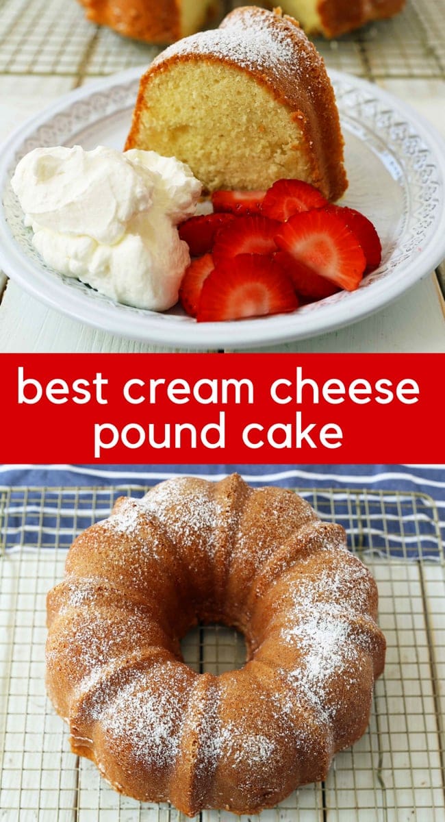 The BEST Cream Cheese Pound Cake. How to make the perfect pound cake in a bundt pan. Buttery cream cheese pound cake goes with everything! This is such a popular cake that is wonderful on its own or in a trifle or berry compote. www.modernhoney.com #poundcake #bundtcake #cake #creamcheesecake