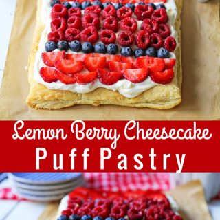 Lemon Berry Cheesecake Puff Pastry Baked Puff Pastry topped with Lemon Cheesecake Filling and Fresh Berries. An easy, beautiful, festive summer dessert. www.modernhoney.com