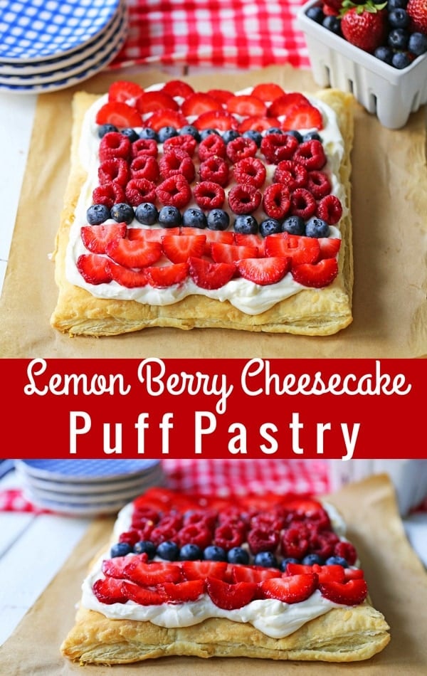 Lemon Berry Cheesecake Puff Pastry Baked Puff Pastry topped with Lemon Cheesecake Filling and Fresh Berries. An easy, beautiful, festive summer dessert. www.modernhoney.com