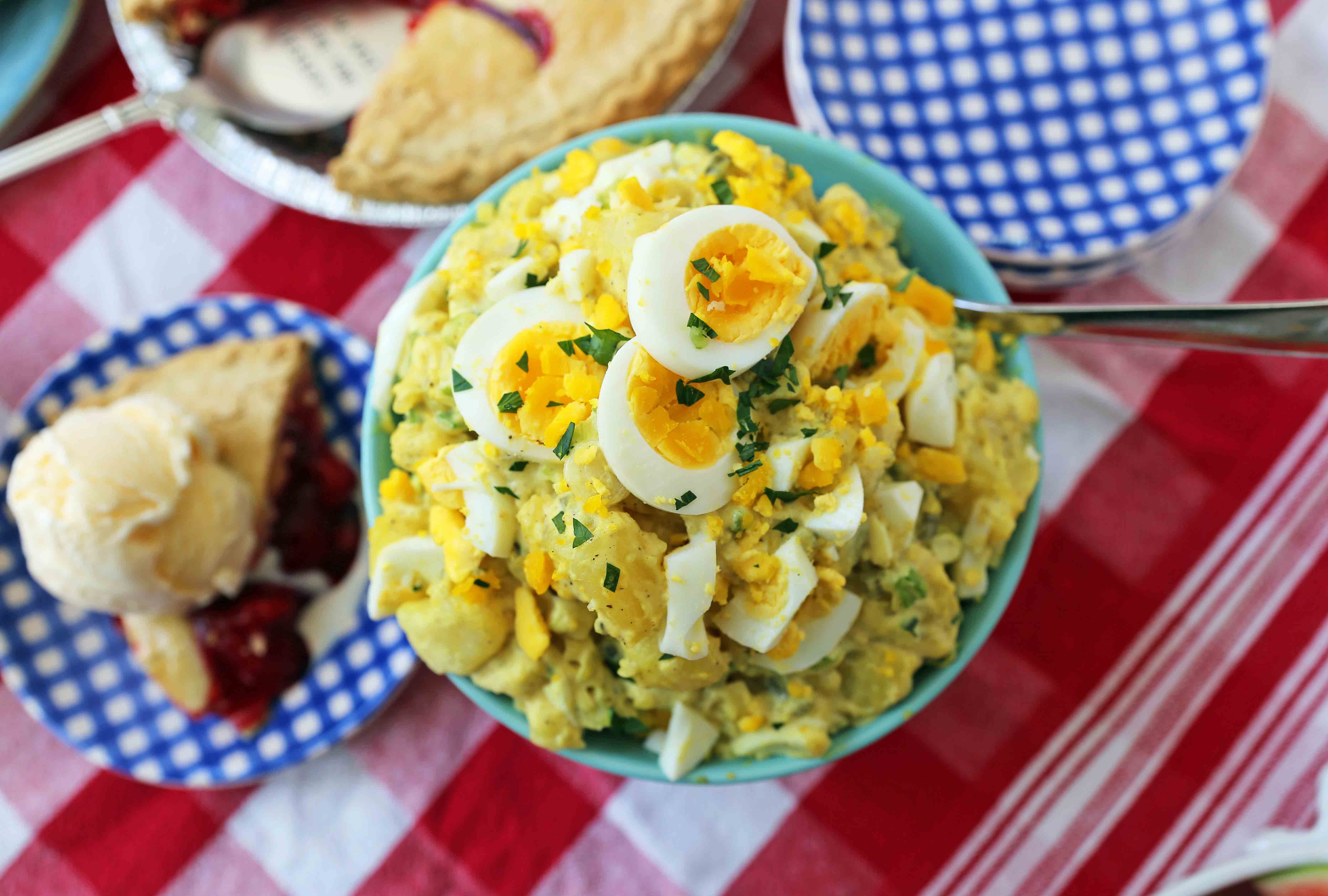 Mama's Potato Salad Recipe. Classic traditional potato salad made with mayonnaise and mustard dressing. How to make a creamy potato salad. www.modernhoney.com