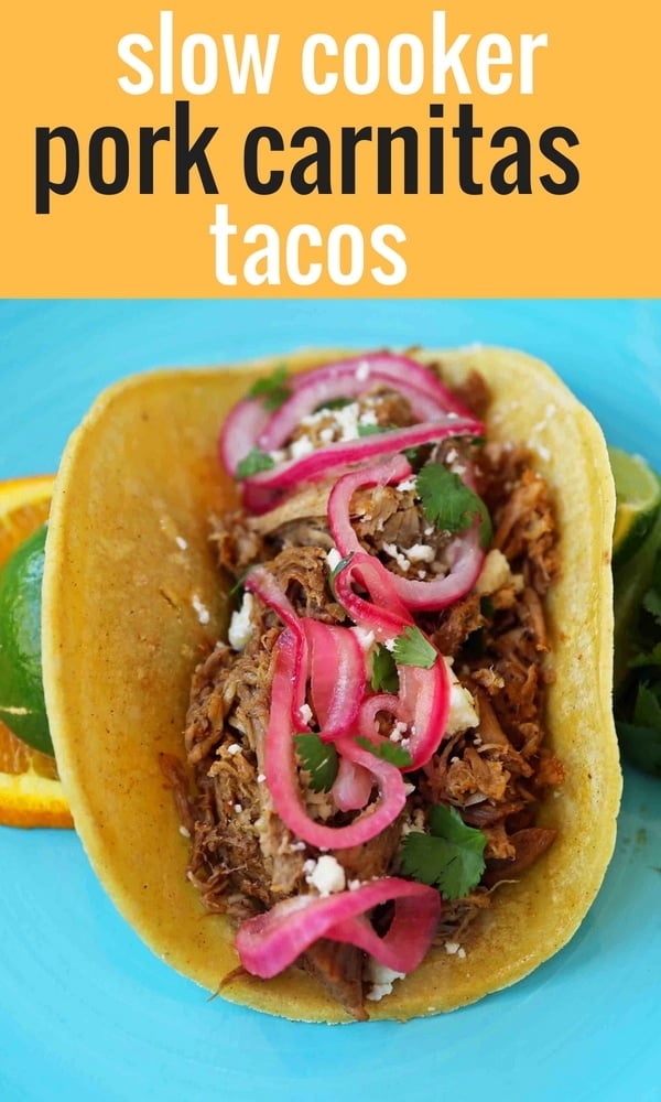 Mexican Pork Carnitas Tacos. Slow Cooker Pork Carnitas with Pickled Onions. How to make tender and flavorful pork carnitas slow cooked in Coca-Cola and citrus juices. www.modernhoney.com #tacos #carnitas #porkcarnitas #slowcooker #slowcookercarnitas