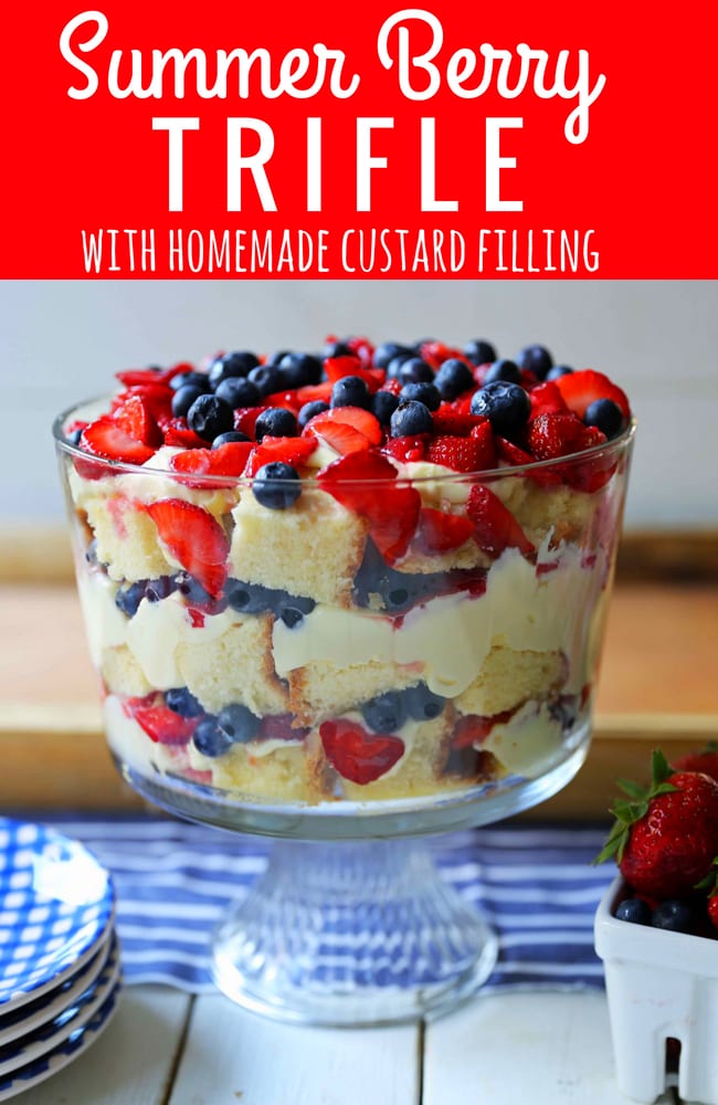 Summer Berry Trifle made with homemade cream cheese pound cake, creamy custard filling, and sweet fruit. A gorgeous summer dessert! Perfect dessert for a potluck and party. Patriotic 4th of July dessert. www.modernhoney.com #trifle #4thofJuly #patrioticdessert #trifle