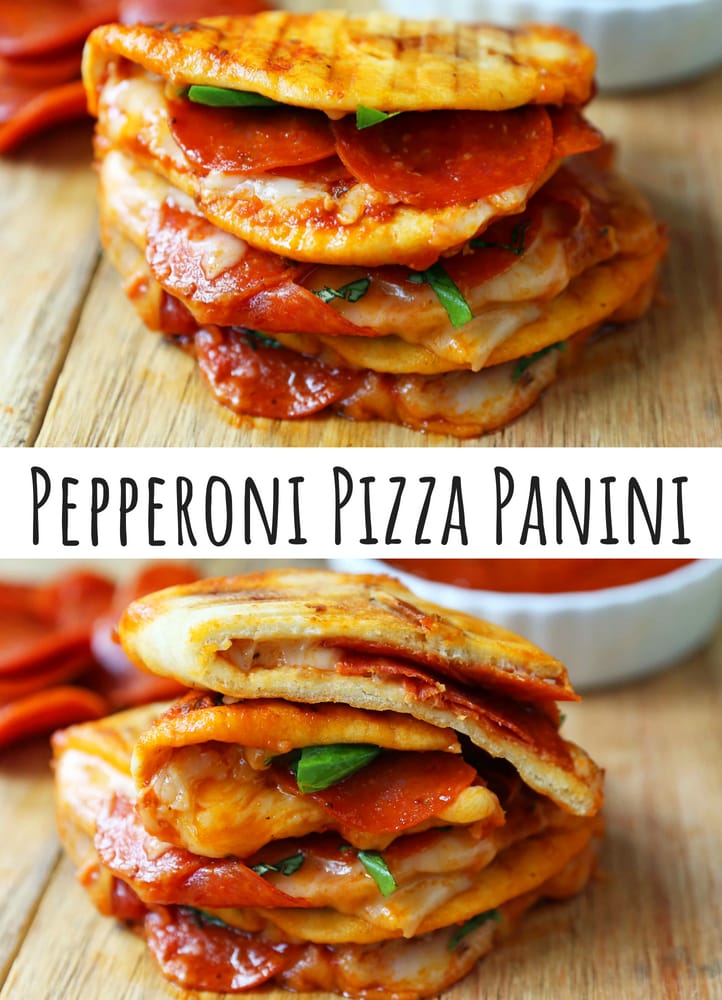 Pepperoni Pizza Flatbread Pizza. Soft chewy naan bread topped with marinara sauce, mozzarella cheese, and pepperonis. Pepperoni and Cheese Panini baked until toasty and golden brown. www.modernhoney.com #panini #pepperoni #pizza #pizzapanini