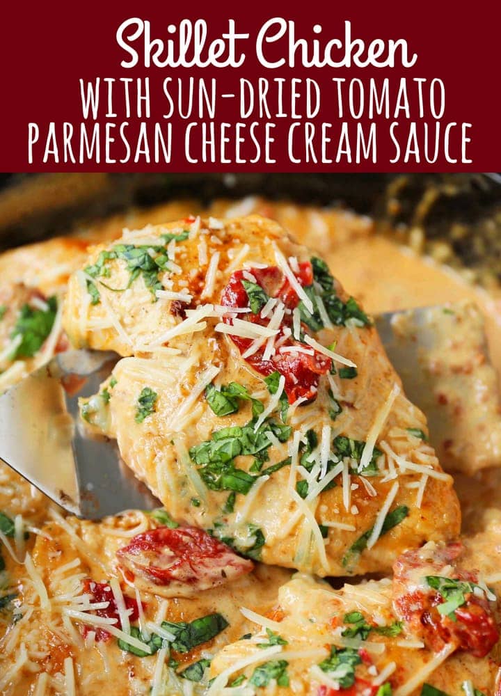 Skillet Chicken with Sun-Dried Tomato Cream Sauce. 20-Minute Chicken made with garlic butter sun-dried tomato parmesan cheese cream sauce. The most flavorful chicken and sauce! You will want to drink the sauce...its THAT GOOD! www.modernhoney.com #skilletdinners #dinner #20minutedinner #chicken #quickdinner