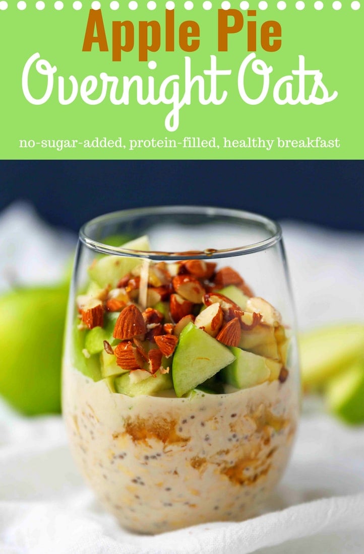 Apple Pie Overnight Oats. Healthy no-sugar-added breakfast. Overnight Oats with Greek Yogurt, Crisp Green Apples, Crunchy Almonds, Cinnamon, and Real Maple Syrup. www.modernhoney.com #overnightoats #applepieovernightoats #appleovernightoats