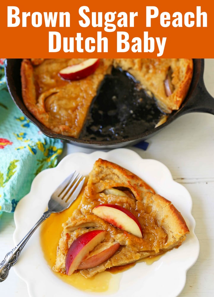 Brown Sugar Peach Dutch Baby Recipe. Sweet Peach and Browned Butter Dutch Baby Pancake. How to make a Peach Dutch Baby. www.modernhoney.com #dutchbaby #puffedpancake #peachpancake #peachdutchbaby