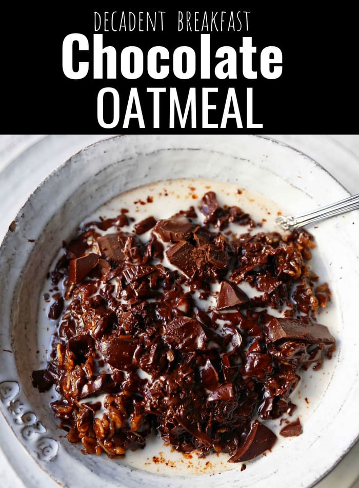 Decadent double chocolate oatmeal is made with rolled oats mixed with creamy coconut milk, cocoa, lightly sweetened, and topped with chocolate chunks. These creamy chocolate oats are a rich, heavenly breakfast!