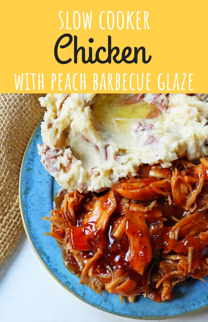 Slow Cooker Peach Barbecue Sauce Chicken. 5-Ingredient Crockpot Chicken with Sweet Peach BBQ Glaze. A fast and flavorful slow cooker chicken with peach bbq sauce. www.modernhoney.com #slowcooker #crockpot