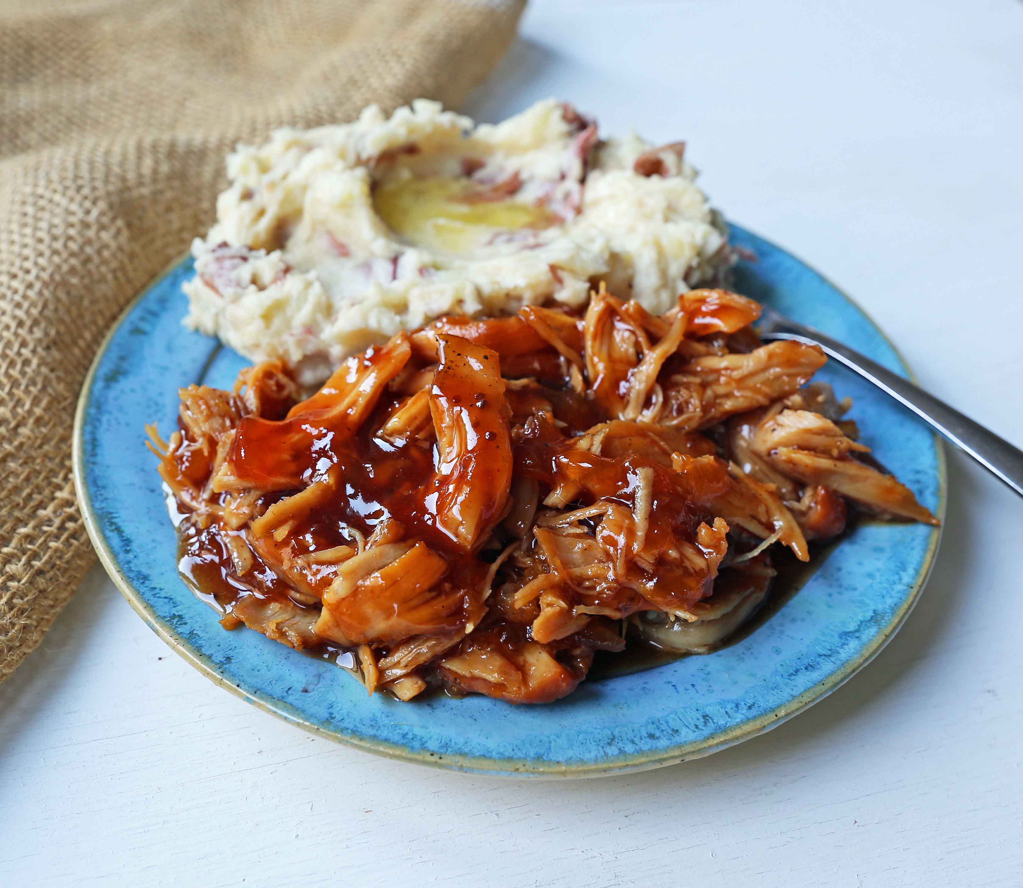 Slow Cooker Peach Barbecue Sauce Chicken. 5-Ingredient Crockpot Chicken with Sweet Peach BBQ Glaze. A fast and flavorful slow cooker chicken with peach bbq sauce. www.modernhoney.com #slowcooker #crockpot