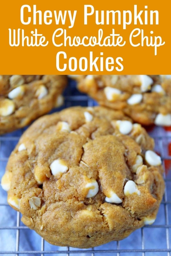 Pumpkin White Chocolate Chip Cookies Recipe. Soft and Chewy Pumpkin Oatmeal Cookies with White Chocolate Chips. The best chewy pumpkin cookies. www.modernhoney.com #pumpkincookies #pumpkinoatmealcookies #pumpkinwhitechocolatechipcookies #fallrecipes 