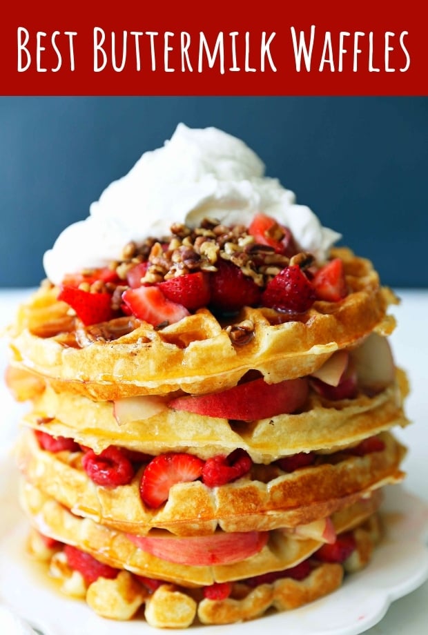 One Bowl Easy Buttermilk Waffles. Quick waffle recipe which creates chewy, crispy, and buttery waffles. The perfect waffle recipe. www.modernhoney.com #waffles #wafflerecipe #buttermilkwaffles #buttermilkwaffle 