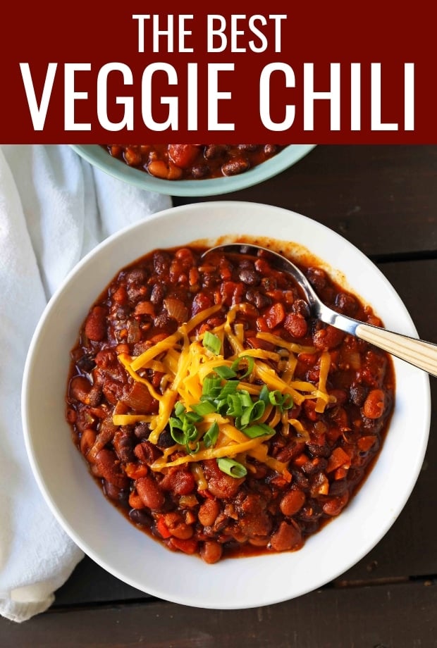 The BEST Veggie Chili Recipe. Six veggies, 3 beans, in a spicy tomato sauce. A quick and easy healthy veggie chili. www.modernhoney.com #chili #veggiechili #vegetarian #chilirecipe 
