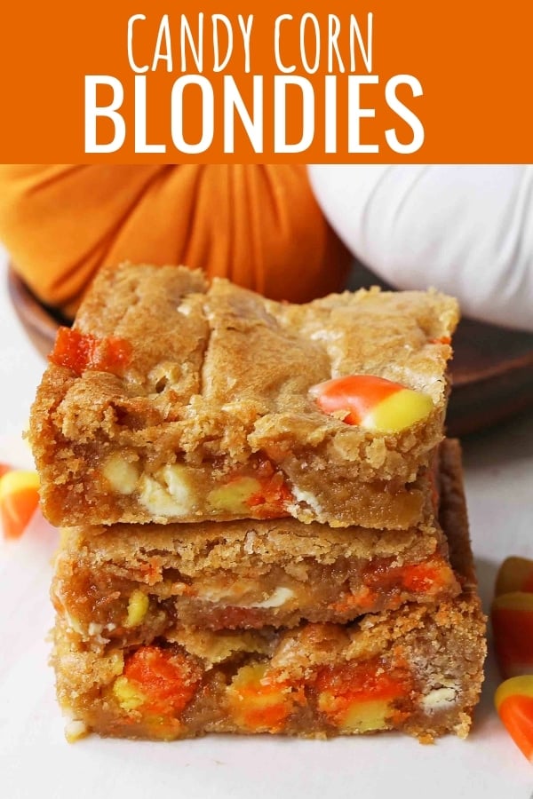 Candy Corn Blondies. Halloween Browned Butter Blondies with Candy Corn. A festive Halloween dessert bar. www.modernhoney.com #candycorns #candycorn #candycorndessert #candycornblondies #halloweenblondies #halloweendessert #halloweendesserts