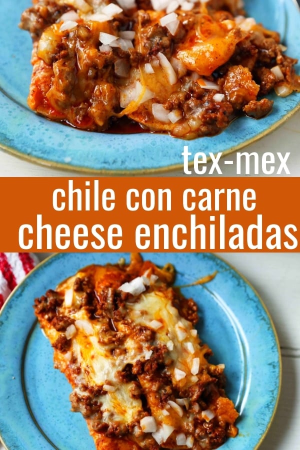 Chile con Carne Enchiladas. Authenic Tex-Mex Beef Enchiladas Recipe. Cheese Enchiladas topped with homemade chile con carne. The best chile con carne enchiladas recipe! #chiliconcarne #texmex #texmexenchiladas #enchiladas #mexicanfood