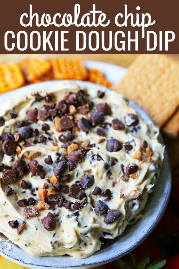 Chocolate Chip Cookie Dough Dip. A sweet cream cheese dip with chocolate chips and chocolate covered toffee bits. Perfect for parties and potlucks and always a crowd favorite! www.modernhoney.com #cookiedoughdip #chocolatechipdip #creamcheesedip #cookiedoughdip #chocolatechipcreamcheesedip #sweetappetizers