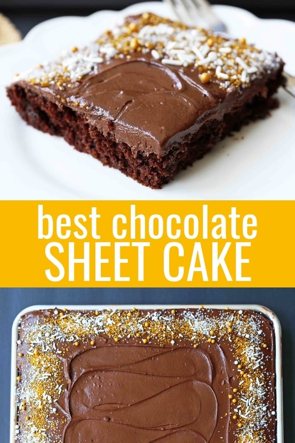 The Best Chocolate SHEET Cake with Milk Chocolate Frosting. Quick and easy homemade chocolate sheet cake recipe. www.modernhoney.com #chocolatesheetcake #sheetcake #chocolatesheetcakerecipe 