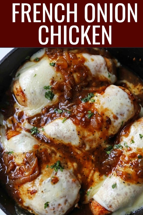 French Onion Chicken Skillet Chicken with Buttery Caramelized Onion Gravy and Melted Cheeses. A simple, flavorful, 30-minute meal! www.modernhoney.com #30minutemeal #dinnerrecipe #frenchonionchicken #cheesychicken #chickendinner