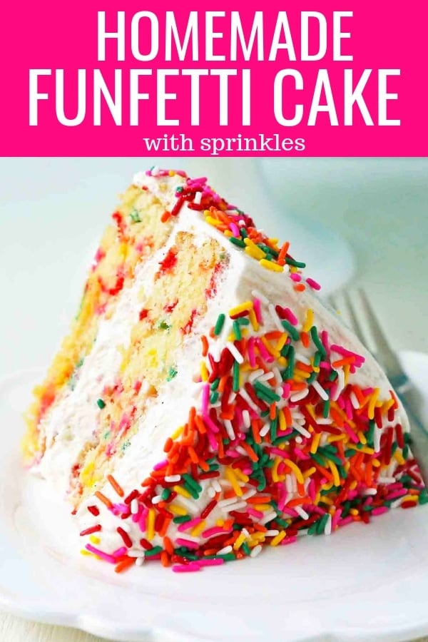 A fluffy homemade funfetti birthday cake with rainbow sprinkles topped with a light cream cheese buttercream frosting and an array of sprinkles. The perfect birthday cake! www.modernhoney.com #funfetti #funfetticake #sprinklescake #homemadefunfetticake #cake #homemadecake