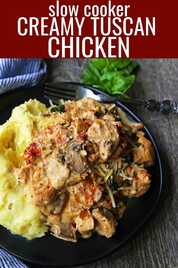 Slow Cooker Creamy Tuscan Chicken. Creamy tender chicken in prosciutto, mushroom, and sundried tomato cream sauce. Comfort food made in a slow cooker. www.modernhoney.com #dinner #slowcooker #slowcookerchicken #chickendinnerrecipes #creamychicken